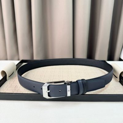 1:1  Montblanc  Blue&Black Leather Belt with Silver Logo Buckle Needel Buckle  3.5cm